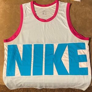 Nike White Mesh Tank with Blue NIKE Block and Pink Trim